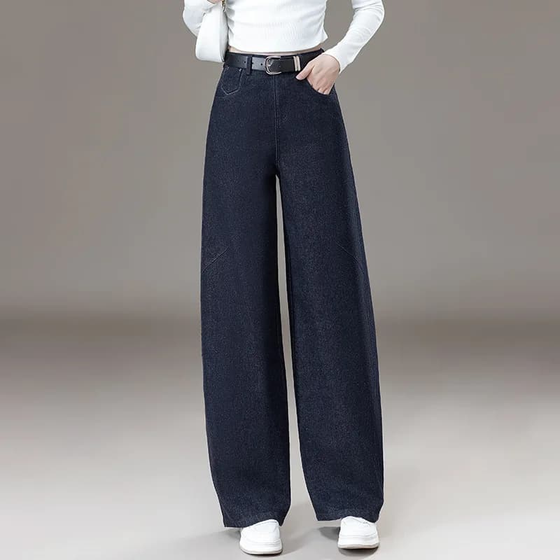Women's long-sleeved dark blue, new long trousers up to the loose denim floor fall