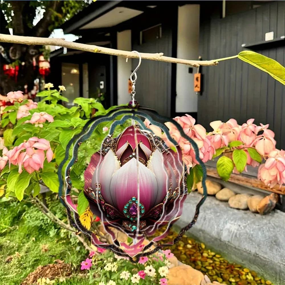 3D A Vintage Lotus Pattern Metal Rotating Wind Chime Featuring a 360° Infinite Rotation Hook, Suitable Outdoor Garden And Yard