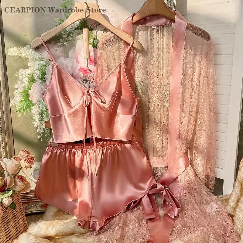 Camicie e pantaloncini sexy femminili Robe Set da 3 pezzi Prospettiva Accappatoio in rete Kimono Primavera Estate Nuovo Homewear Chemise Sleepwear Lingerie