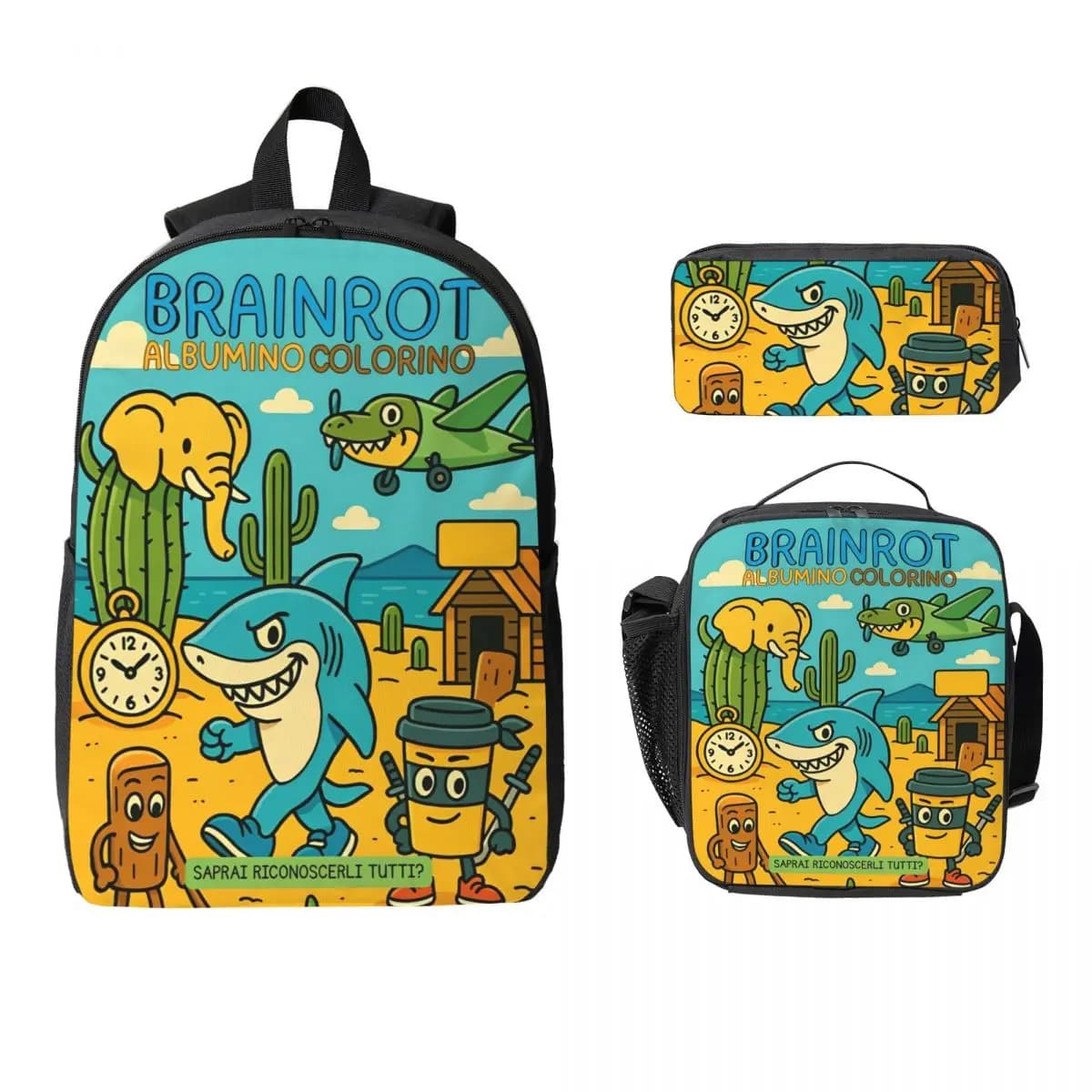 Italian Brainrot Funny Meme Zaino per bambini Scatola per il pranzo Scatole per matite per ragazzi Ragazze Zaini Borsa da scuola Set di zaini