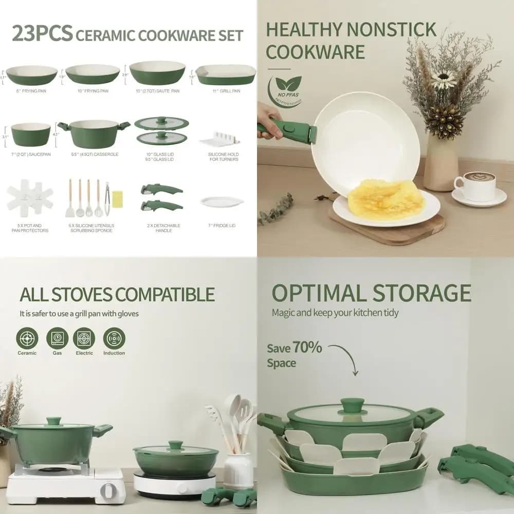 Set di pentole verdi antiaderenti con manico staccabile da 23 pezzi, compatibile a induzione con padelle e pentole, utensili da cucina sicuri per il forno