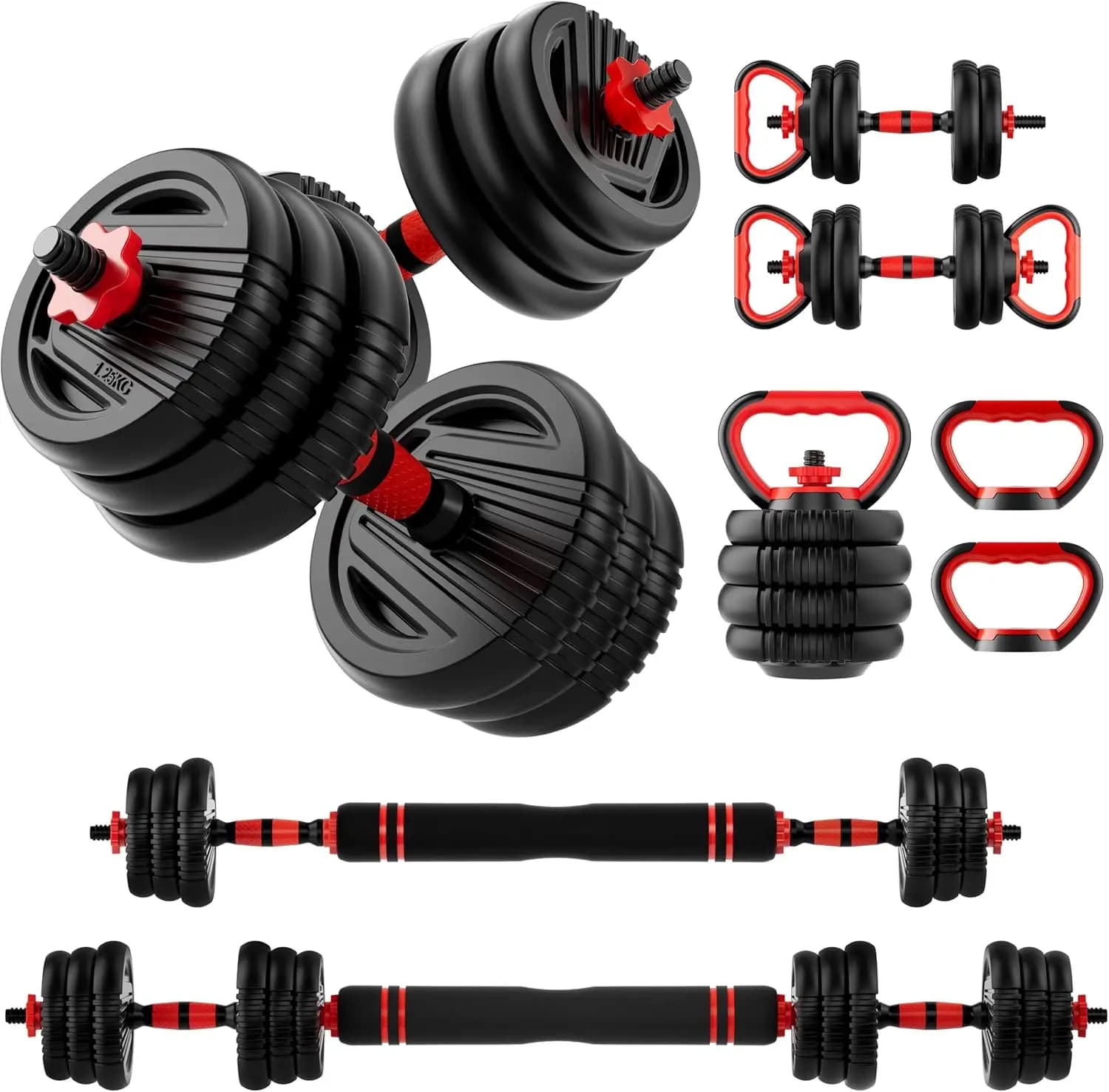 5-in-1 Adjustable Manubri Set, 10-90 Lb Free Weights for Home Gym, Libra, Kettlebell, Support for Flessions