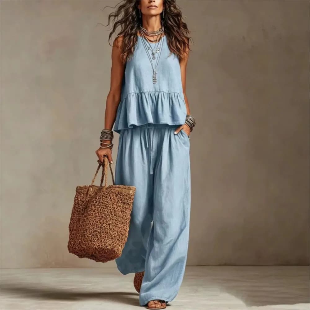 New Casual Sleeveless Women T-shirt Trousers 2piece Set Fashion Ruffled Large Swing Elegant Female Office Wide-leg Trousers Suit