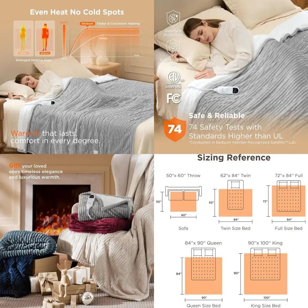 Coperta elettrica in flanella a coste a grandezza naturale - 6 livelli di calore, 10 opzioni timer, spegnimento automatico di 8 ore (72x84 pollici, grigio chiaro)
