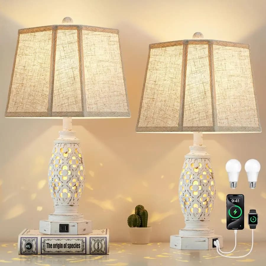 Set di 2 Comodini con Lampada da Notte 35x23,5 cm, USB, AC e Luce Notturna, Lampada da Tavolo Rustica Stile Fattoria per Camere da Letto, Tavolini, Soggiorno