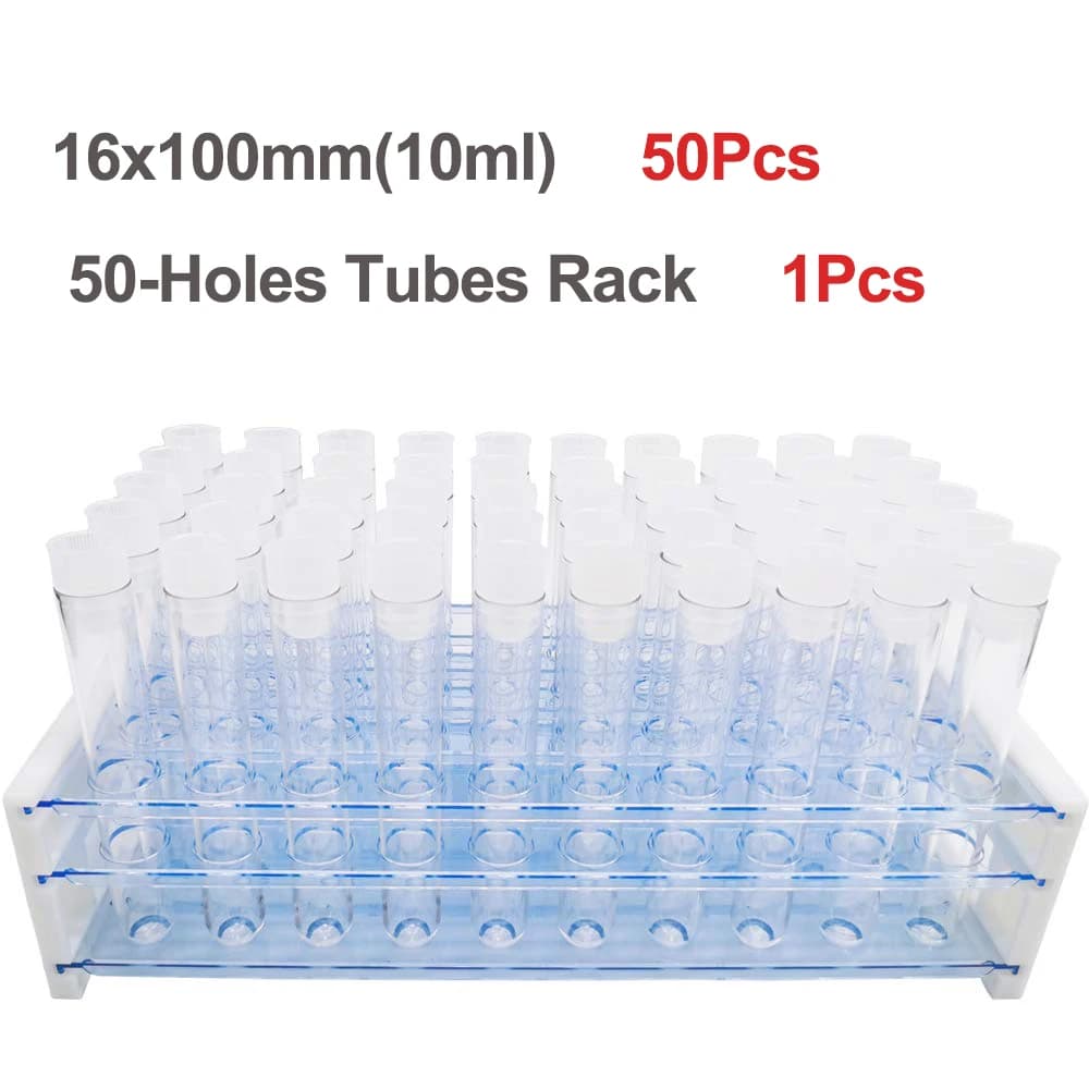 Provette in plastica trasparente da 50 pezzi con rack, provette da 16x100 mm (10 ml) con tappi e rack per provette da 50 fori per esperimenti