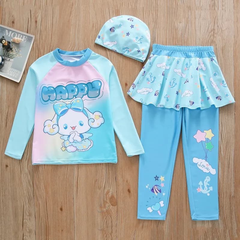 Set 3 Pezzi Costume da Bagno per Bambine con Maniche Lunghe, Pantaloni e Cappello, Nuova Collezione 2026