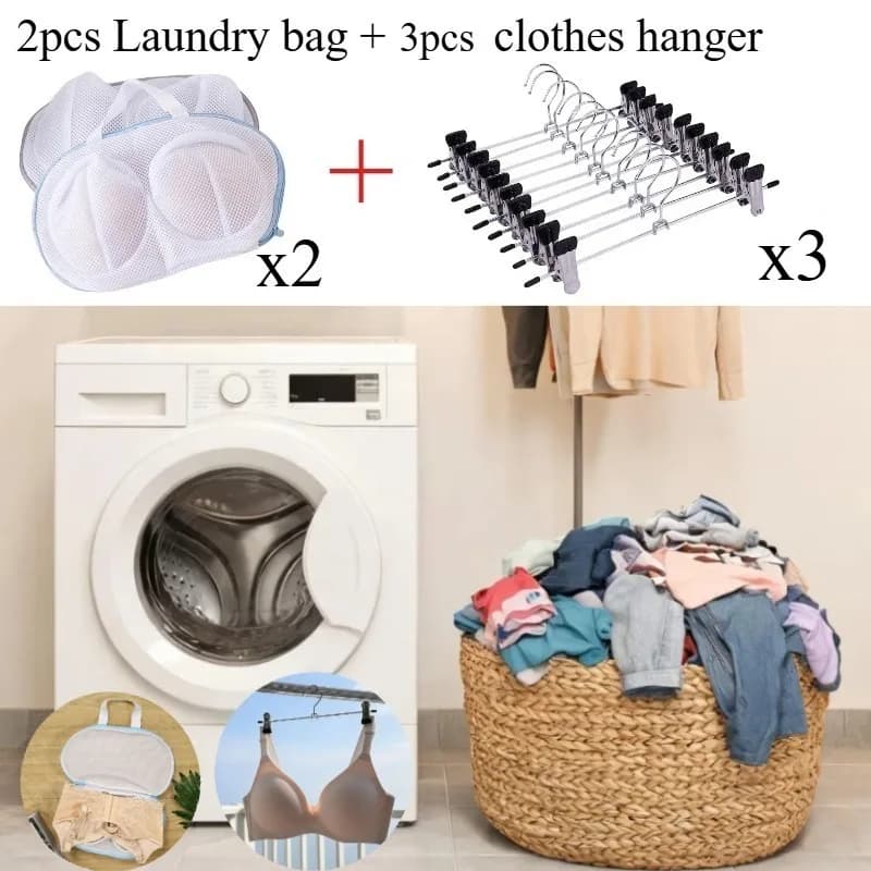 2Pcs Underwear Laundry Bags + 3Pcs Hangers - Bra Anti-Deformation Wash Mesh Bags with Clips, Space-Saving Drying Rack for Closet