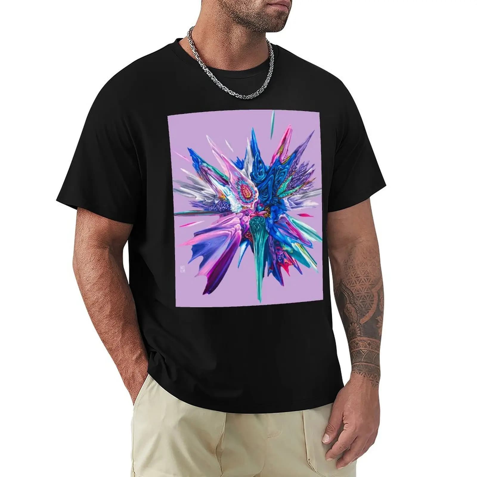 T-shirt Blue Roses Glitch, comoda maglietta basic con scollo rotondo