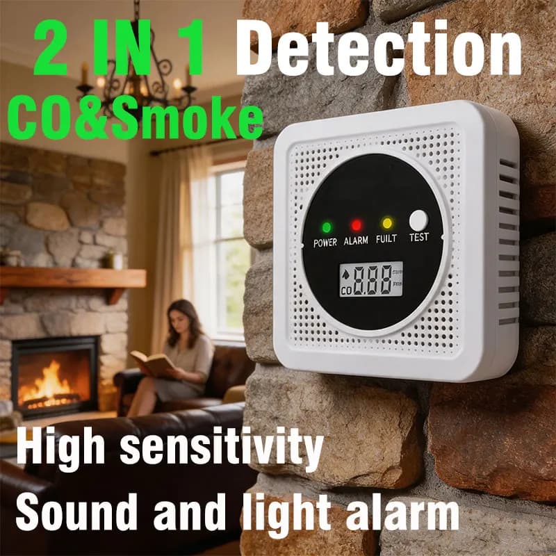 2-in-1 Smoke and Carbon Monoxide Detector with LED Display, Powered by Carbon Monoxide Alarm Battery, Suitable for Home, Camper,
