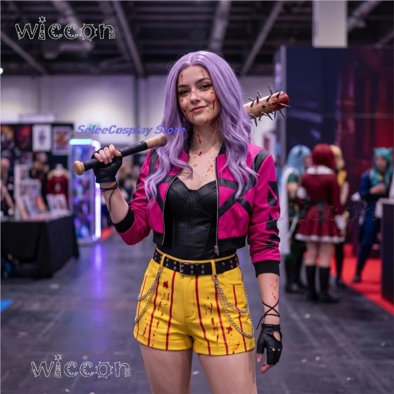 Anime Cosplay Costumes DBD Mina Punk Y2K Battle Suit Coat + Shorts + Belt + Gloves + Purple Wigs, Halloween
