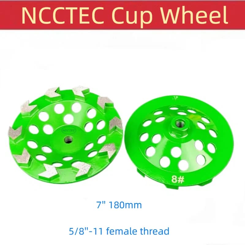 [5/8''-11 Filettatura] NCCTEC 7'' Denti con freccia diamantata Segmenti Disco a tazza per smerigliatura da pavimento | Dischi per lucidatura per molatura del calcestruzzo da 180 mm