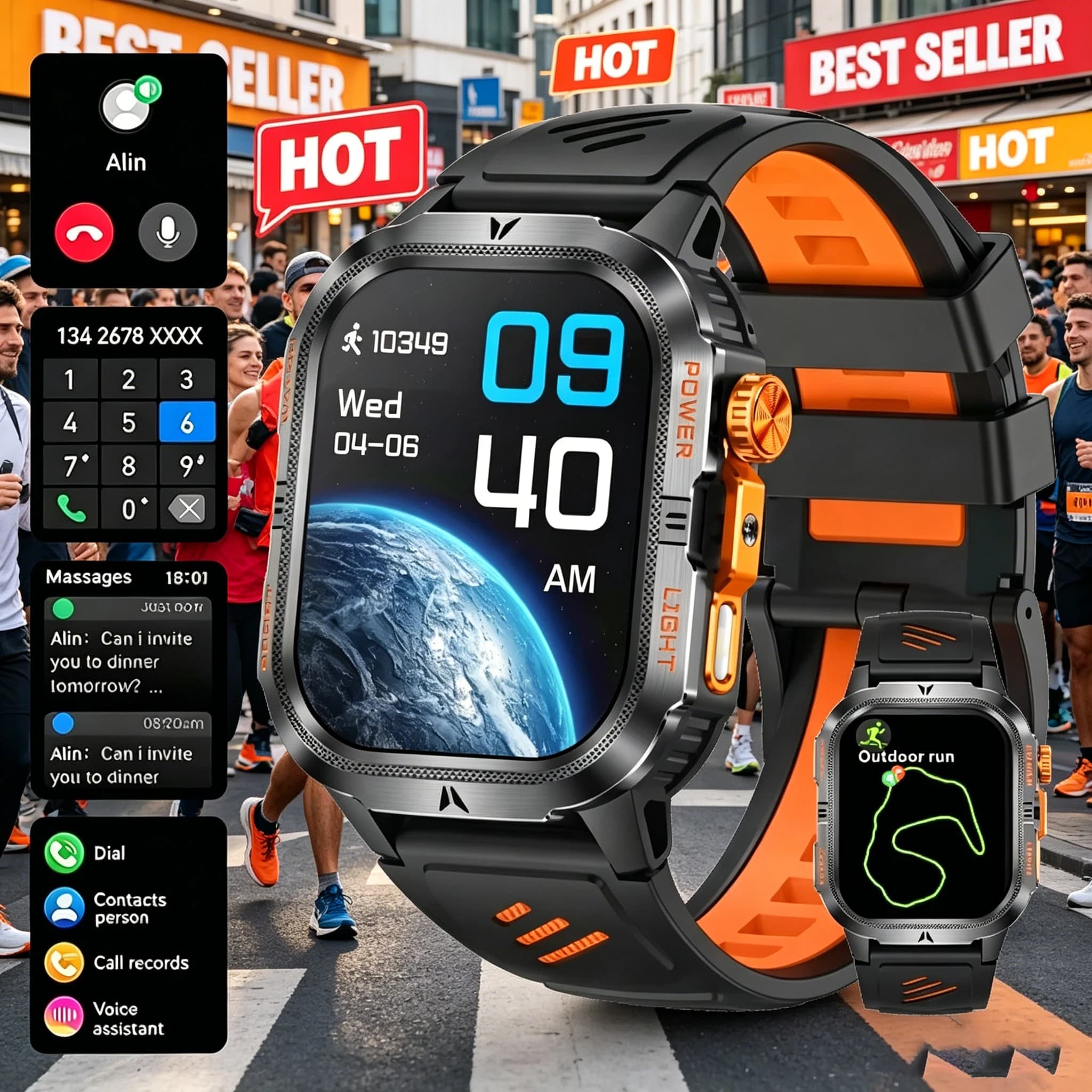 Nuovo smartwatch militare con batteria da 1200 mAh, impermeabile IP68, torcia, monitoraggio della salute, chiamate sportive, smartwatch per iOS e Android
