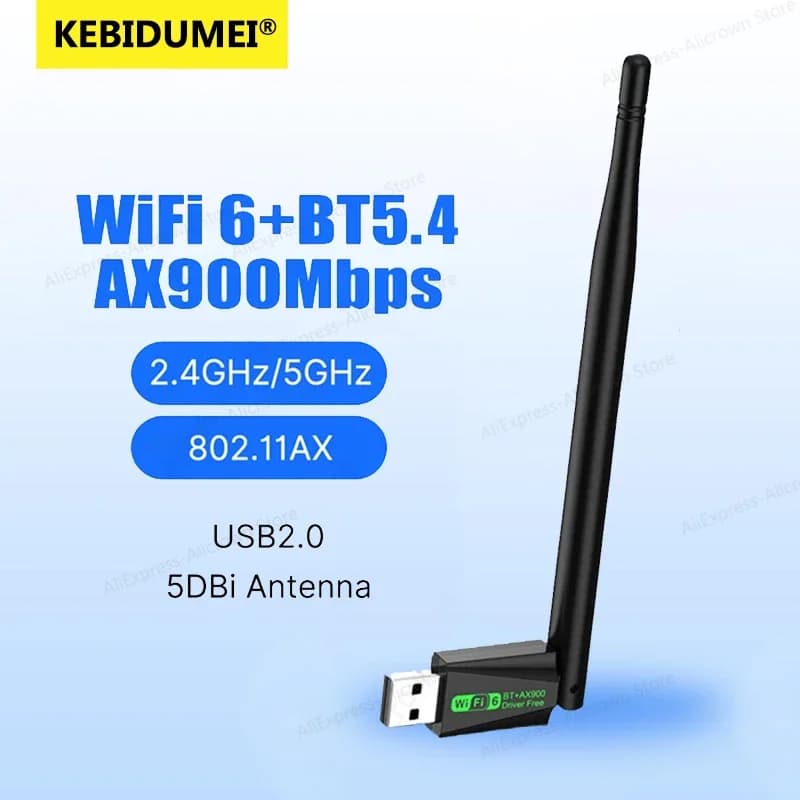 KEBIDUMEI USB WiFi Adapter WIFI6 AX900/AX300 802.11AX Wireless Network Card 2.4G 5G Bluetooth 5.4 Receiver 900Mbps For PC/Laptop