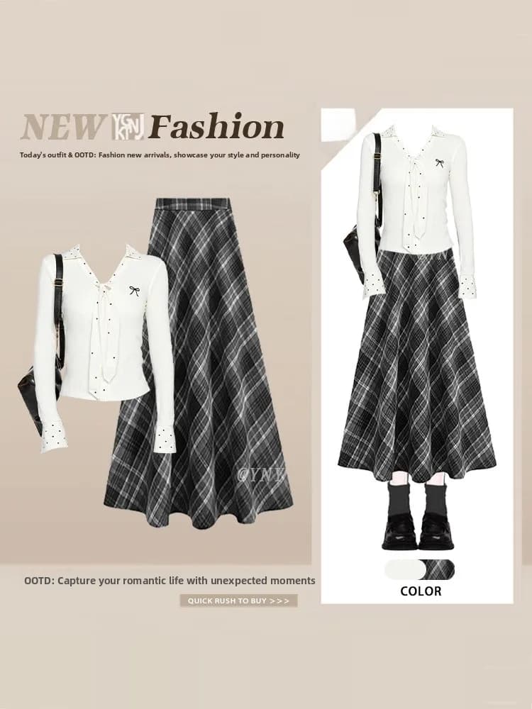 College Style Polka Dot V Neck Long Sleeve Top And Plaid Skirt Two Piece Set Women Spring Anti Aging Fashionable Outfit