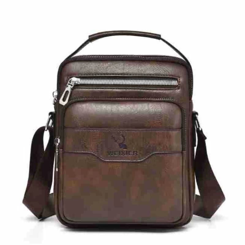 Waterproof Vintage Brown PU Men Crossbody Bag Top Handle Adjustable Strap Multi Zipper Pocket Casual Messenger Purse
