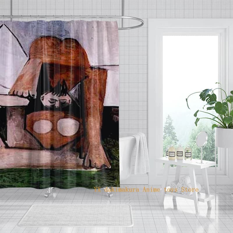 Tenda da doccia con personaggi anime in materiale ecologico, arte astratta, dotata di ganci, facile da installare