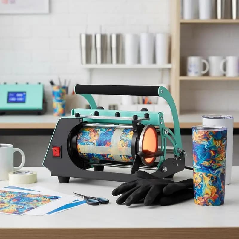Sublimation Transfer Tool 11-30oz Capacity For Home Studio DIY Workshop Heat Up Fast Even Distribution Sublimation Paper Tape Gloves Included Adjustable Temp Time Setting Green Finish Compatible Sublimation Tumblers Cups Mugs