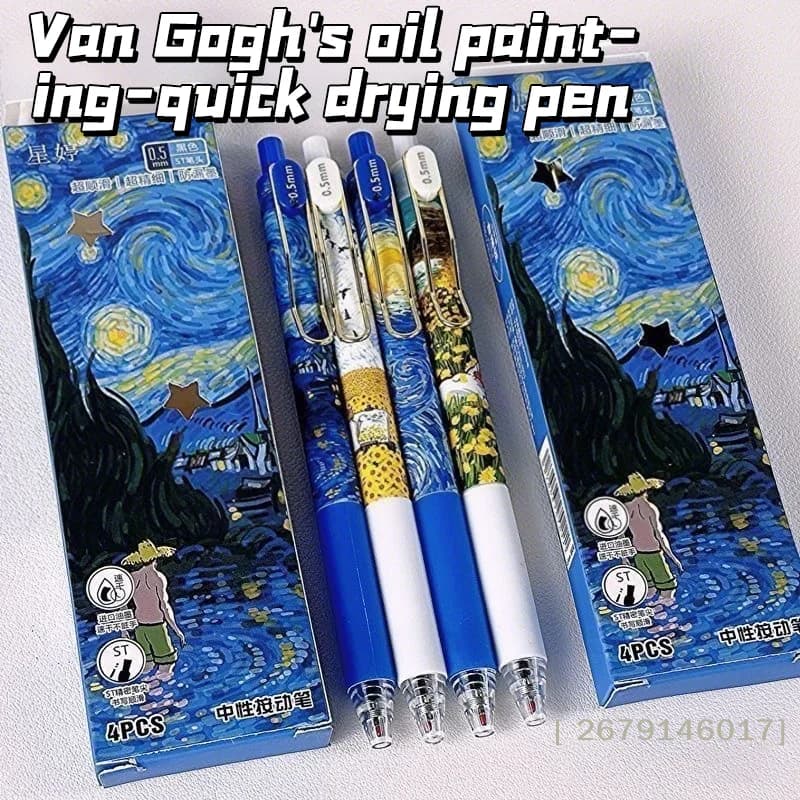 【YY26】4 penne a sfera alla moda con design Van Gogh, inchiostro nero 0,5 mm, a gel, ad asciugatura rapida, per studenti