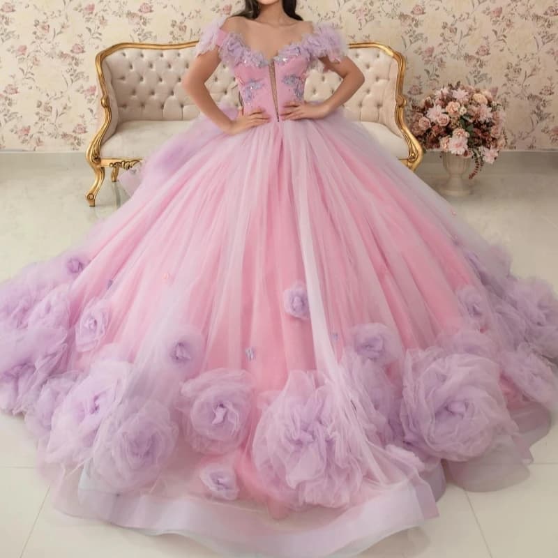 Abiti Quinceanera rosa con spalle scoperte Fiocco floreale Perline Tull di cristallo Festa di compleanno Abito dolce 16 Abiti 15 De Anos