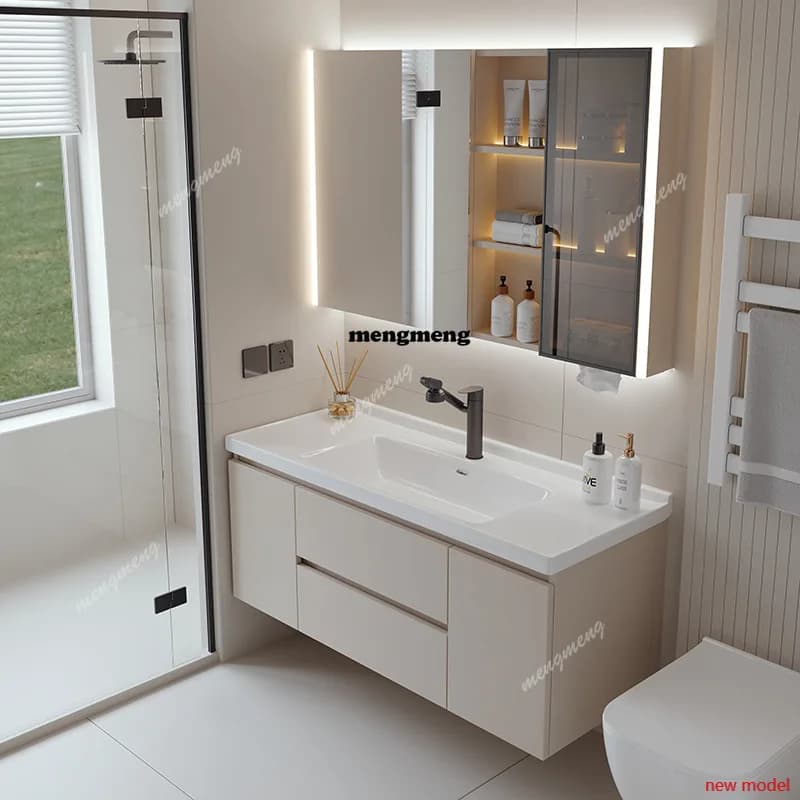 Mobile Bagno F182 Stile Crema con Lavabo Integrato in Ceramica, Specchio e Armadietto Contenitore
