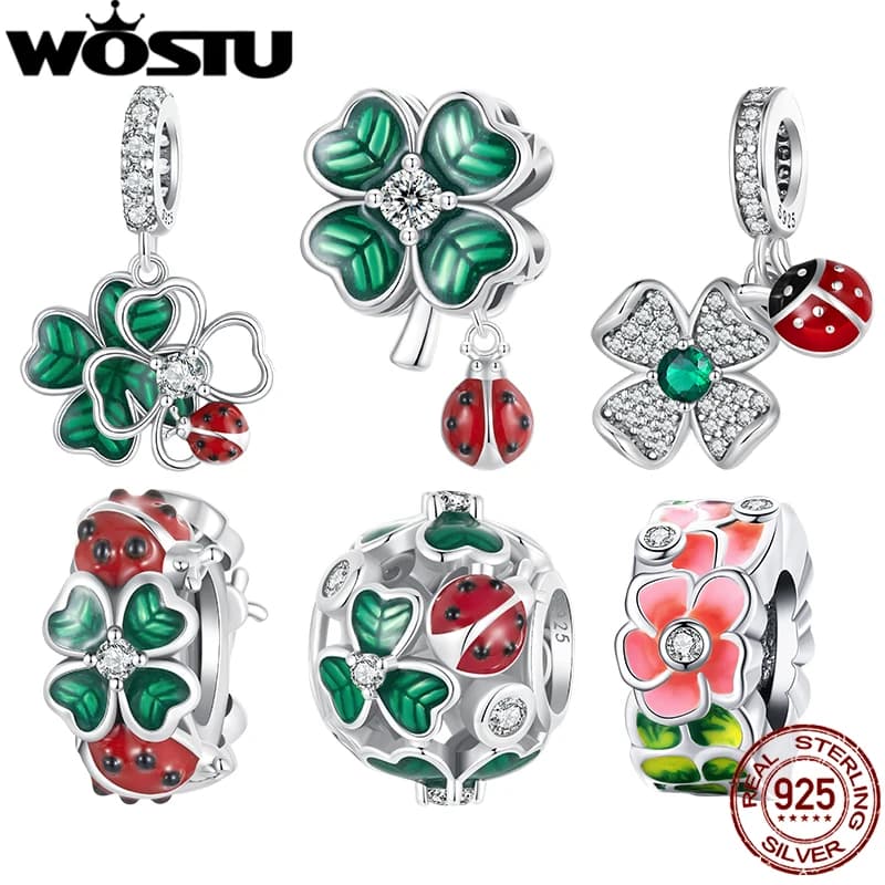 WOSTU 925 Sterling Silver Smalto Quadrifoglio Fascino Del Silicone Coccinella Tappo Perline Misura Il Braccialetto Originale Delle Donne Regalo di Primavera