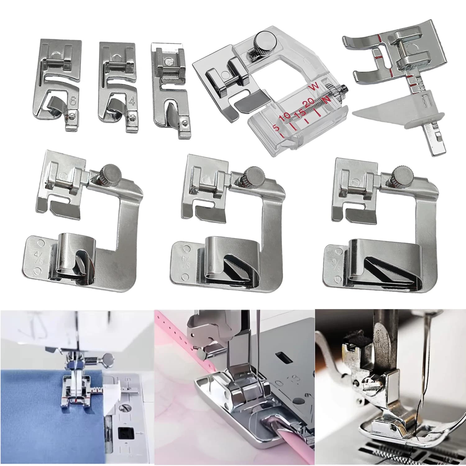 8Pcs Sewing Machine Presser Foot Set with 3Pcs Wide/Narrow Rolled Hem Feet, Zig Zag Foot, Bias Binder,Sewing Machine Accessories