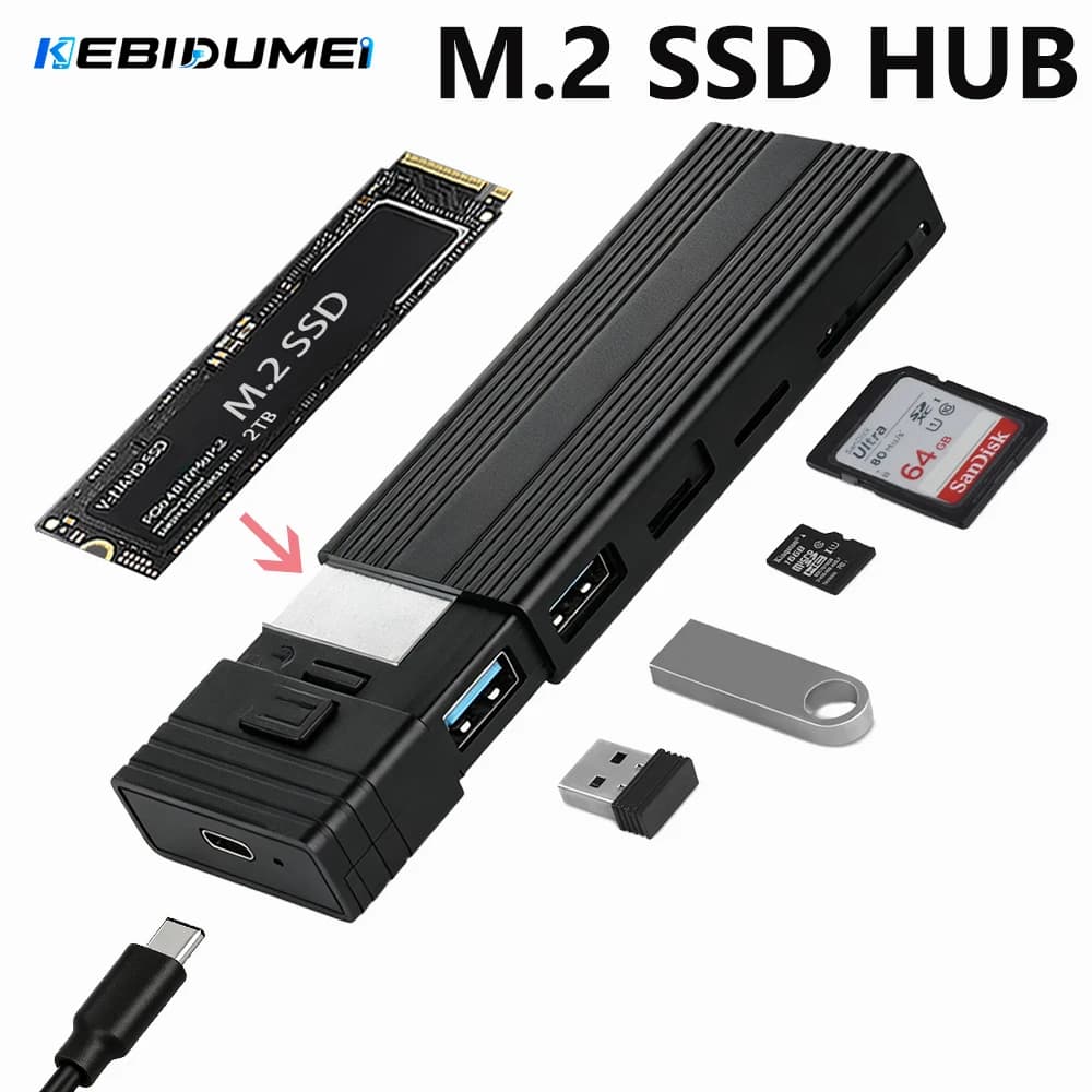 KEBIDUMEI USB C HUB M.2 SSD Case NVME SATA Dual Protocol Adapter M.2 to TYPE-C Docking Station Card Reader Support For Macbook