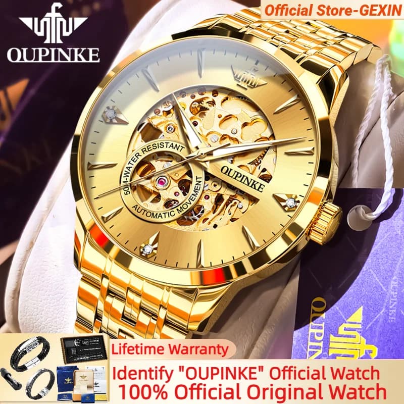 OUPINKE 3308 Automatic Mechanical Mens Watches Imported Japan Movements Hollow Dial Diamond Gold Men's Luxury Watch