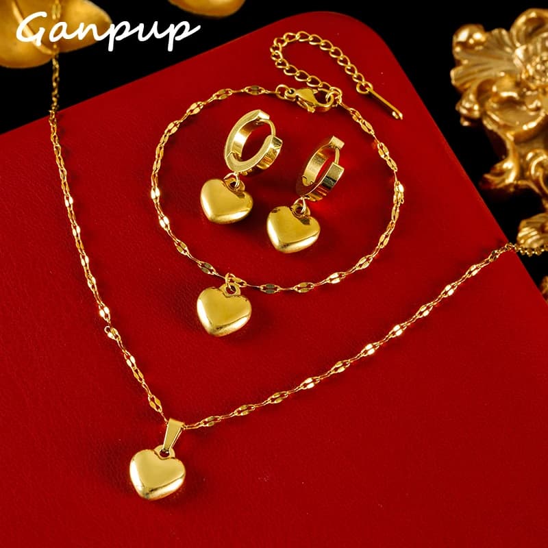 GANPUP 316L Stainless Steel Heart Love Necklace Bracelets Earrings Set For Women Gold Color Rust Proof Charm Jewelry Bijoux
