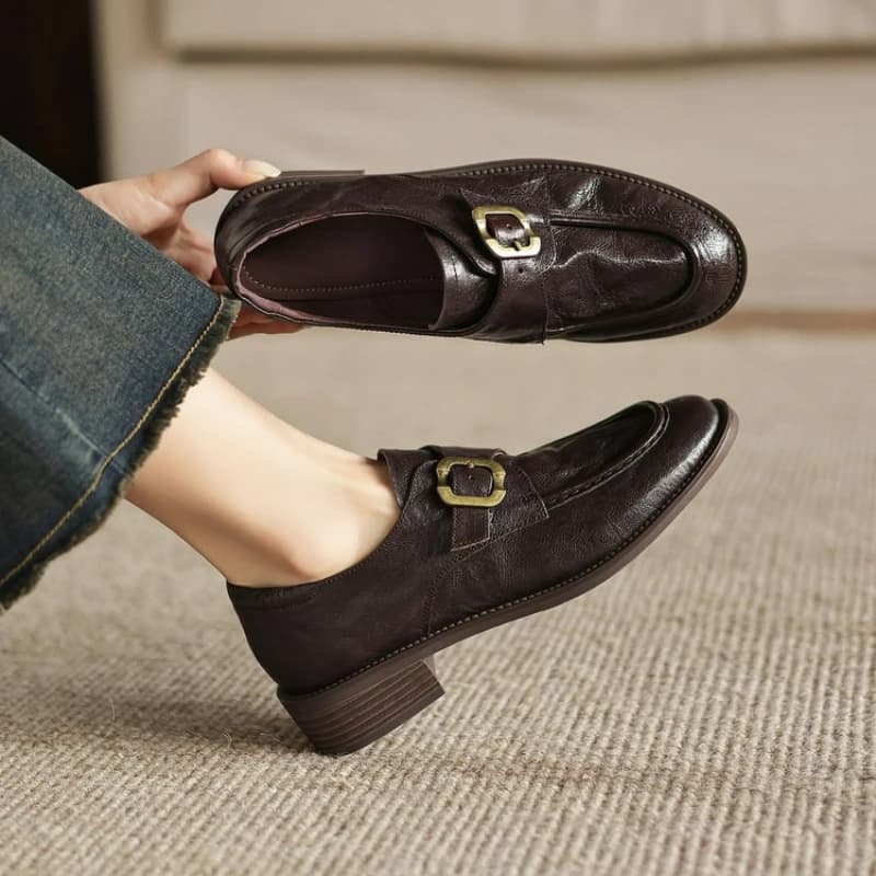 Scarpe da Donna alla Moda con Tacco Basso in Pelle di Pecora, Mocassini Slip-on Primaverili Casual con Fibbia e Punta Rotonda BR13