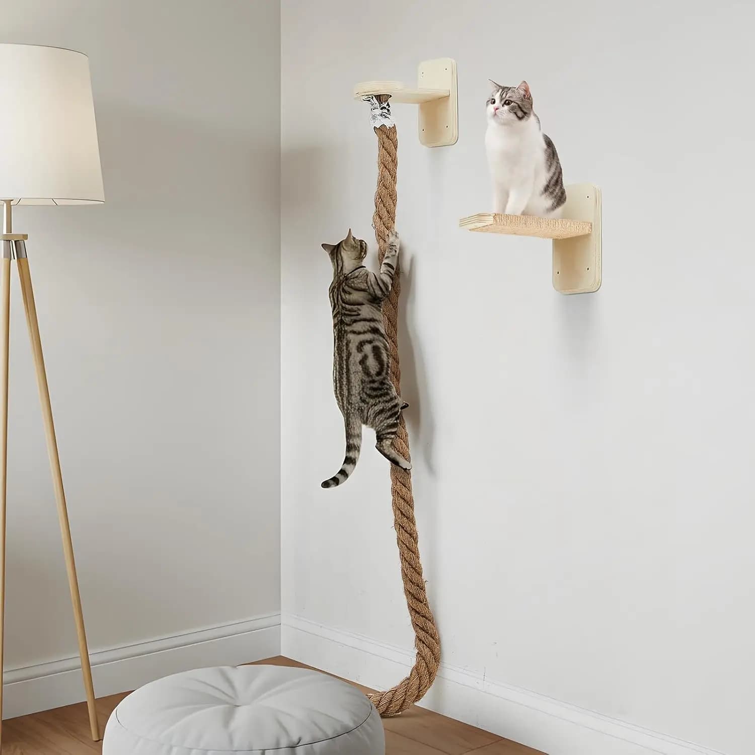 Cat Tree with 2 150 cm climbing ropes, wall cat tower with scratching, rope staircase for kittens with jump area