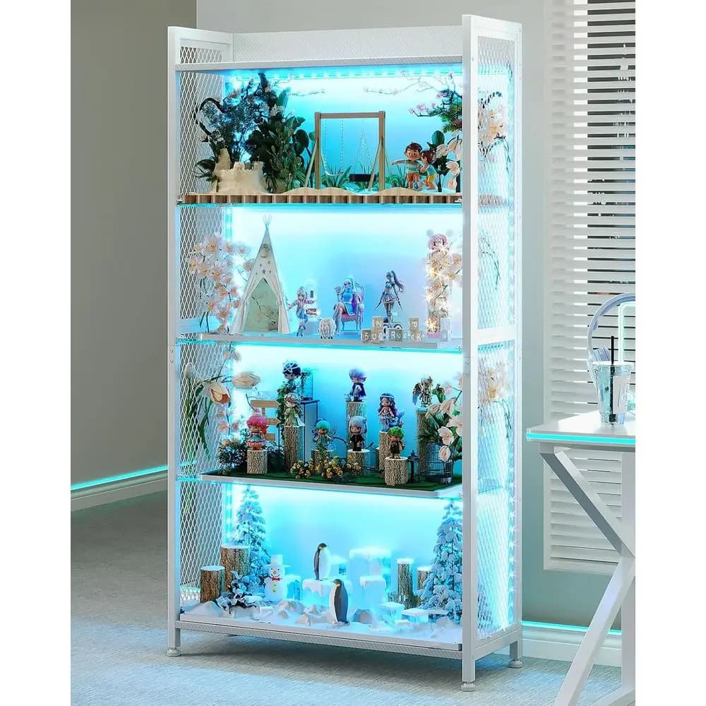 Illuminated Glass Display Cabinet with 4 Shelves for Collectibles and Books
