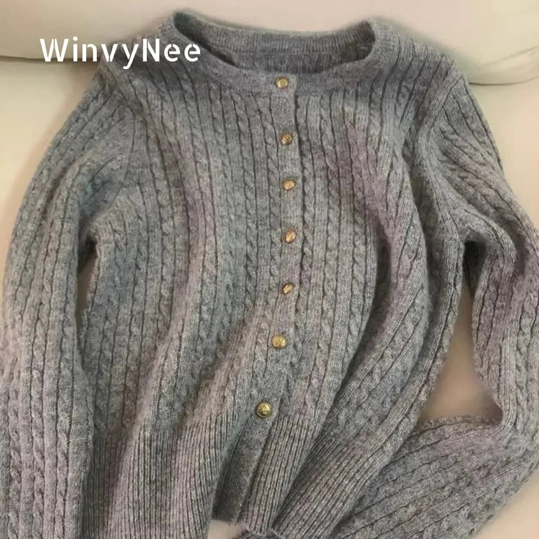 WinvyNee Abbigliamento donna O Collo 100% Cardigan di lana Bottone dorato Twist Solid Top in maglia Maglione Capispalla Camicetta Maglione B1283005