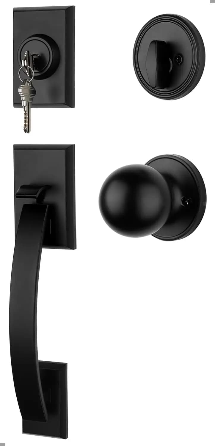 Set Maniglia e Serratura per Porta d'Ingresso Nero Opaco con Pomello Reversibile, Facile Installazione per Sicurezza Domestica