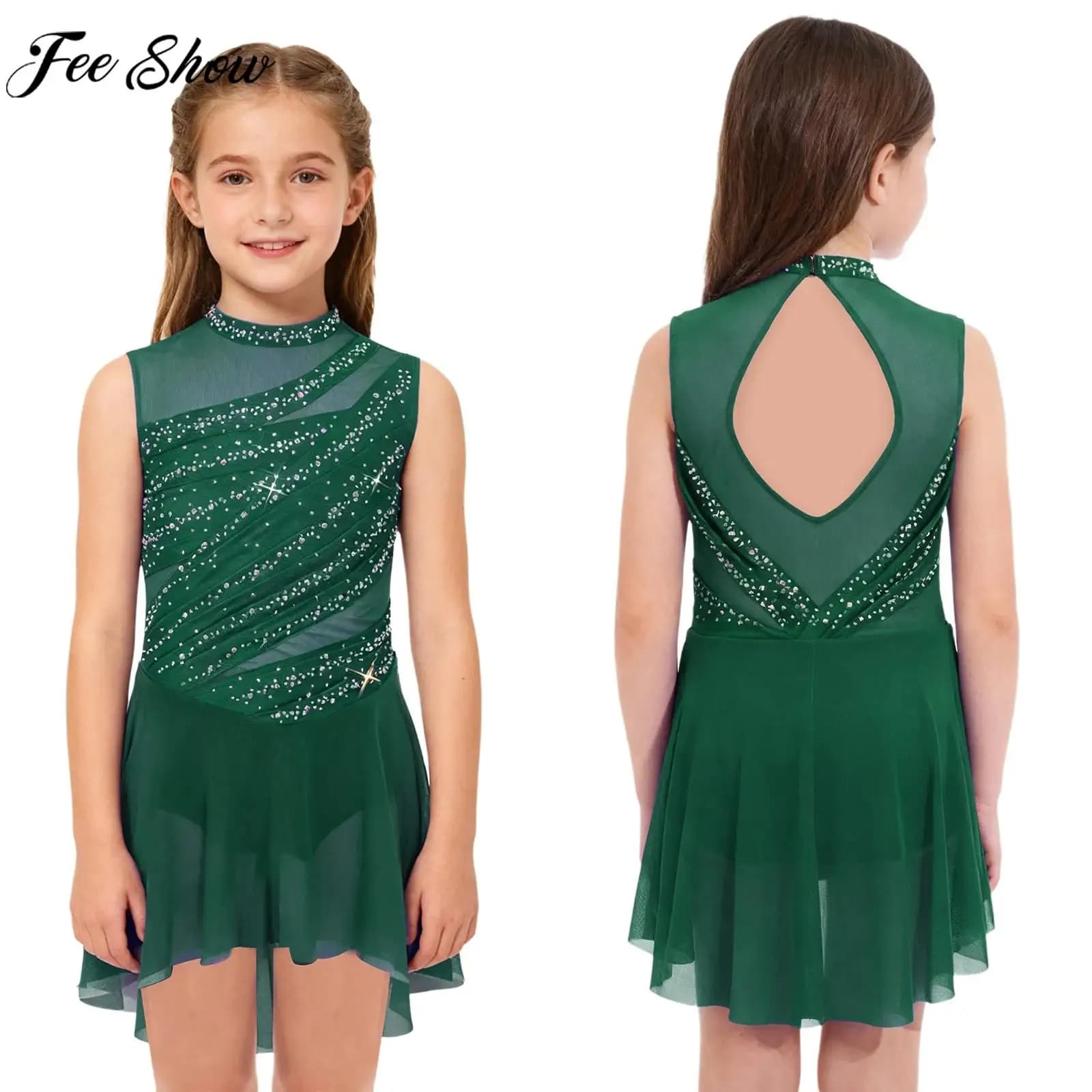 Kids Girls Sleeveless Shiny Rhinestone Sheer Mesh Modern Lyrical Dance Dress Figure Skating Gymnastics Acrobatics Leotard tutu