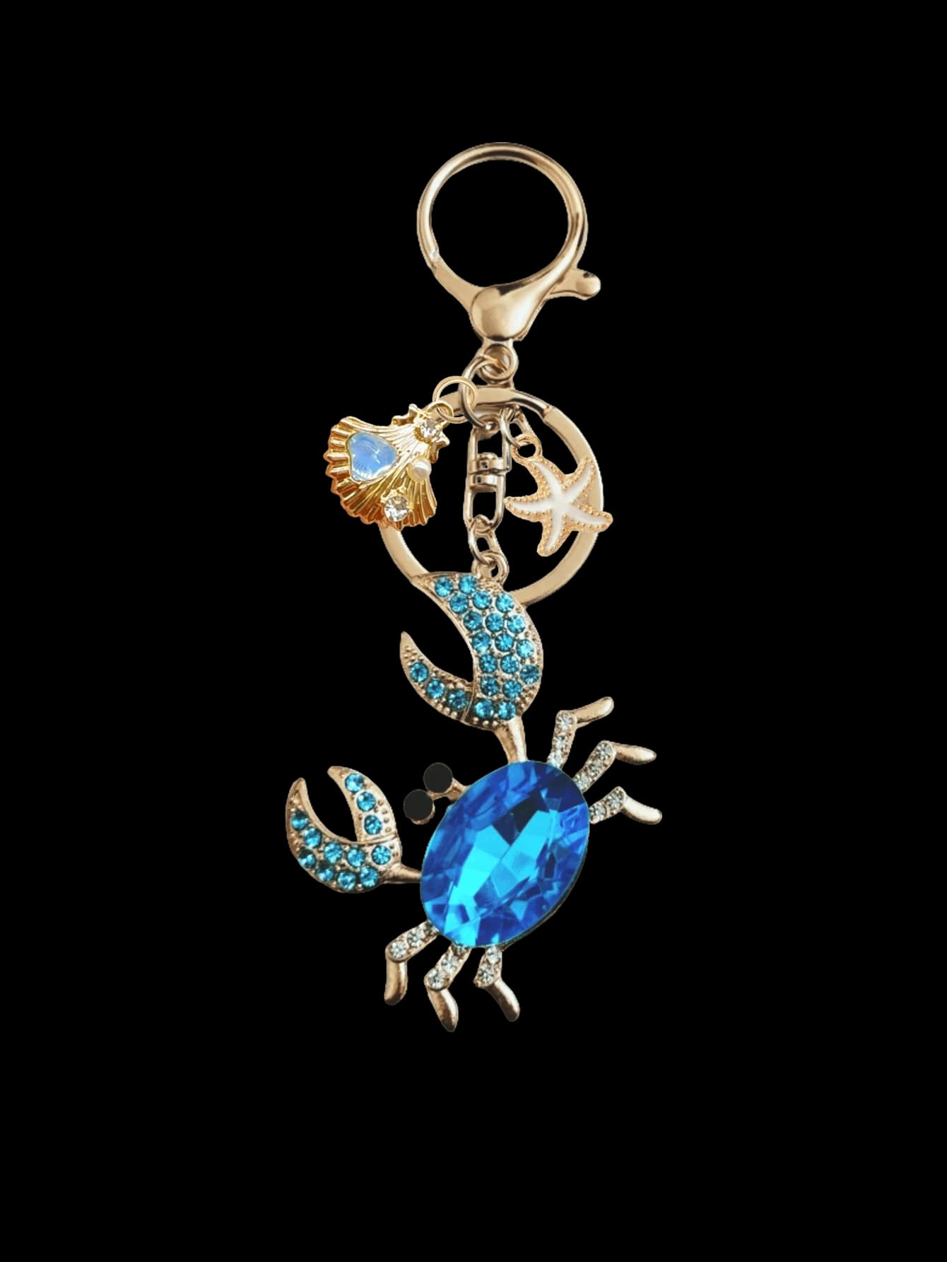Sparkling blue crystal crab keychain with ocean-toned shell star design, shiny rhinestone pendant for keys, bags, luggage, beach