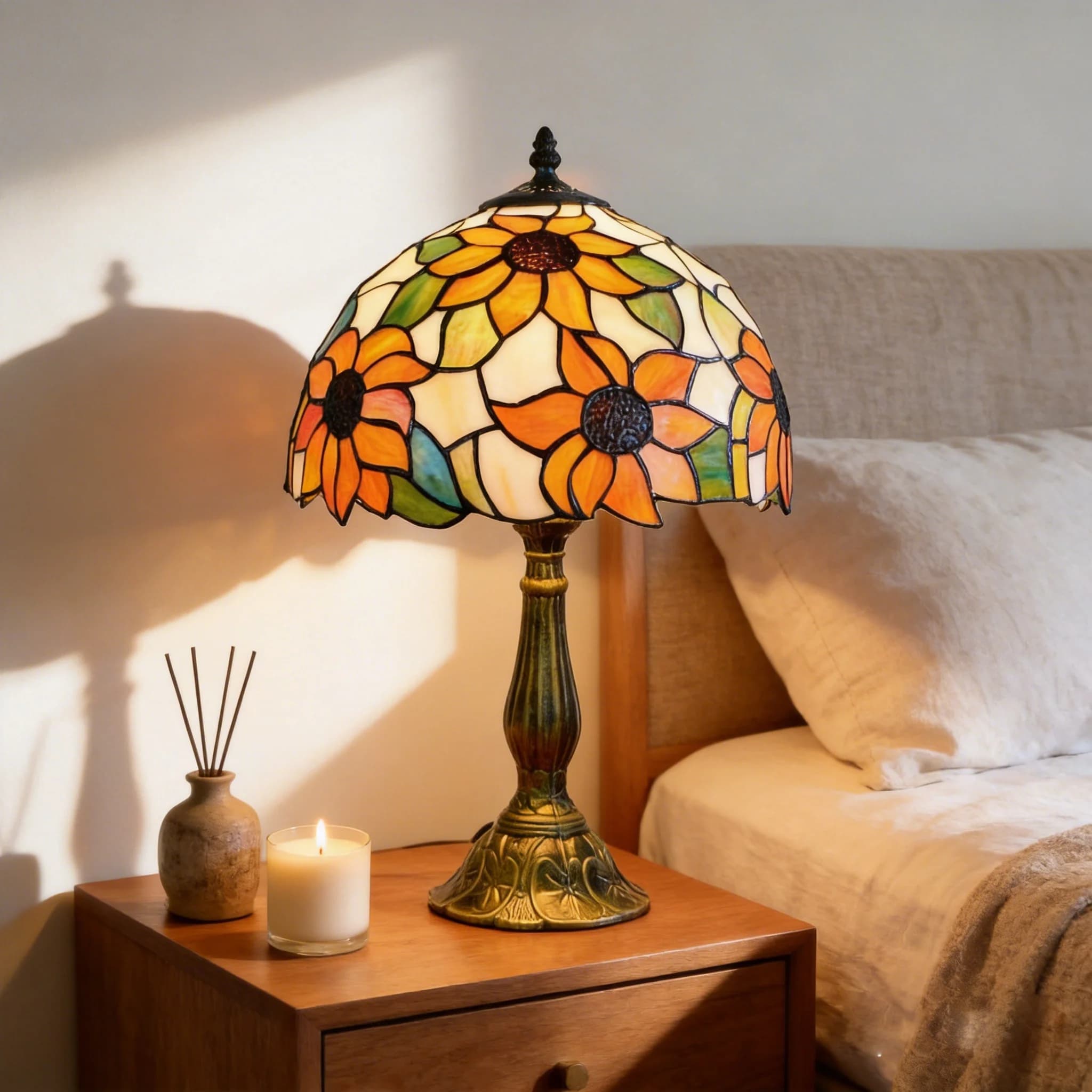 Tiffany Stained Glass Table Lamp Sunflower Yellow Bedroom Reading Desk Light for Bedside Living Room Office Dining Room Decor