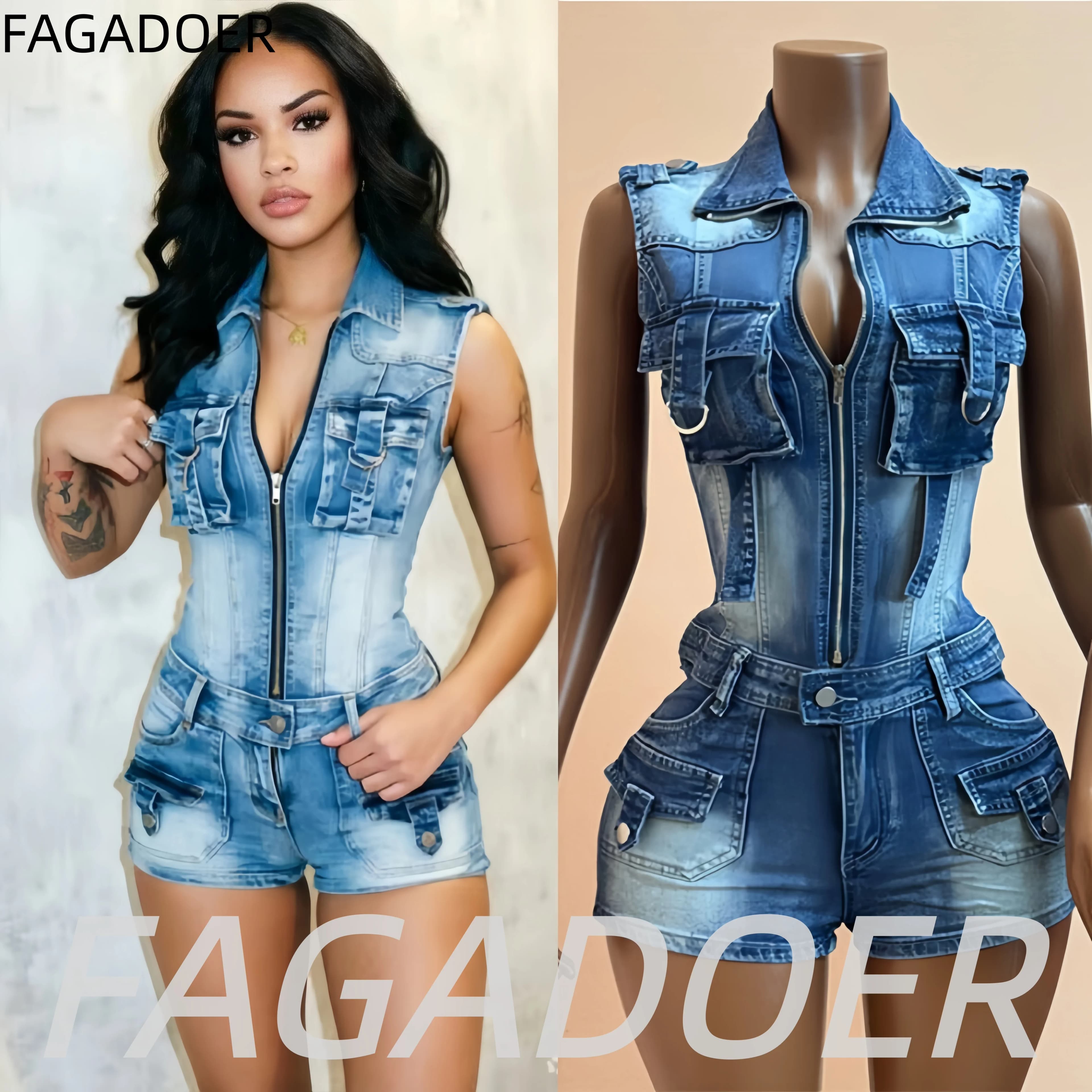 FAGADOER Streetwear Pocket Cargo Denim Romper Y2K Women Zipper Bodycon Jean Jumpsuits Summer Fashion Sleeveless Washed Playsuits