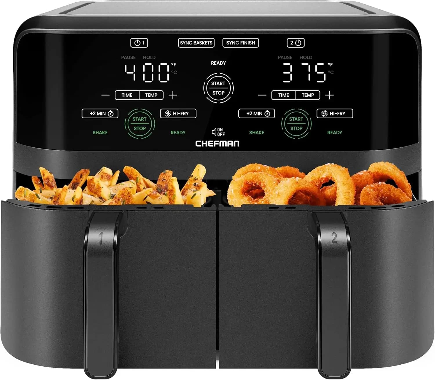 Friggitrice ad Aria a Doppio Cestello da 6 Litri con Touchscreen Digitale, Funzione Smart Sync, Opzione Hi-Fry, Spegnimento Automatico - Nera