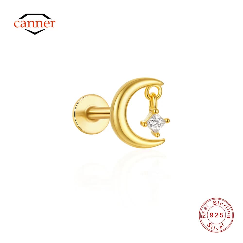 Canner 1PC 925 Sterling Silver Cartilage Crescent Zircon Piercing Nails Stud Earrings For Women Minimalism Jewelry Party Gift