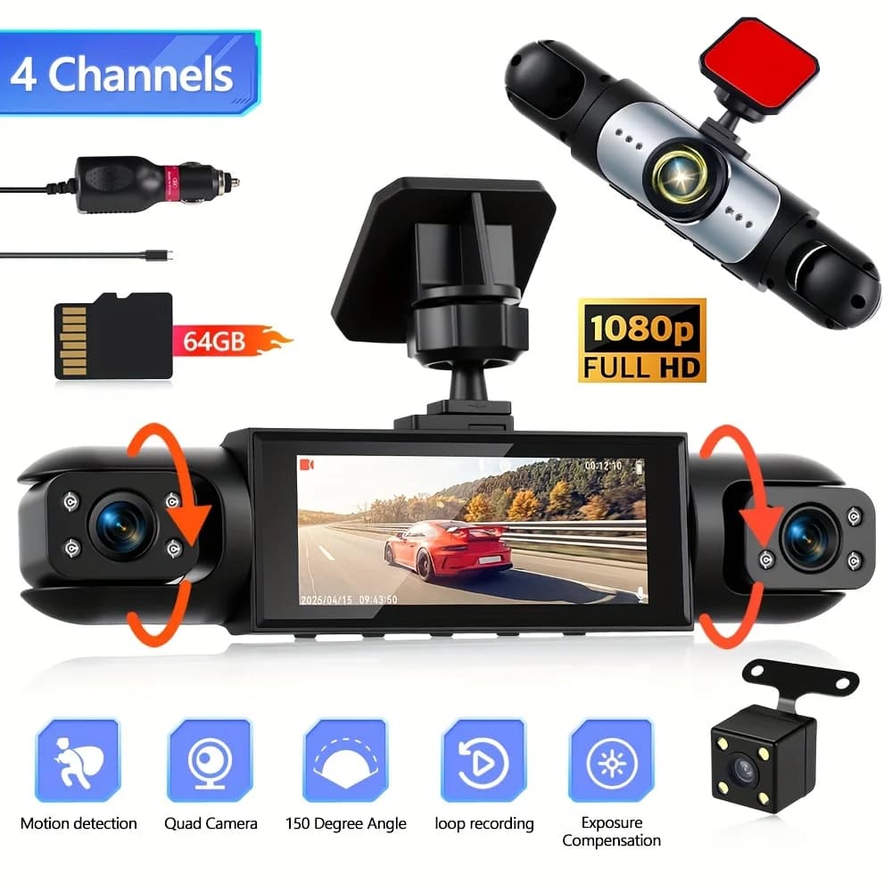 Dash Cam Auto 1080P Full View con 4 Lenti, Copertura a 360 Gradi, Visione Notturna, Immagine Retromarcia, Rilevamento Movimento, Installazione Semplice, Display 13 Lingue, Lente Posteriore Inclusa, Caricabatterie Auto Opzionale, Nessuna Scheda TF/Include Scheda TF 32/64Gb, Registrazione in Loop, Dash Cam 2 Pollici 1080P 480P