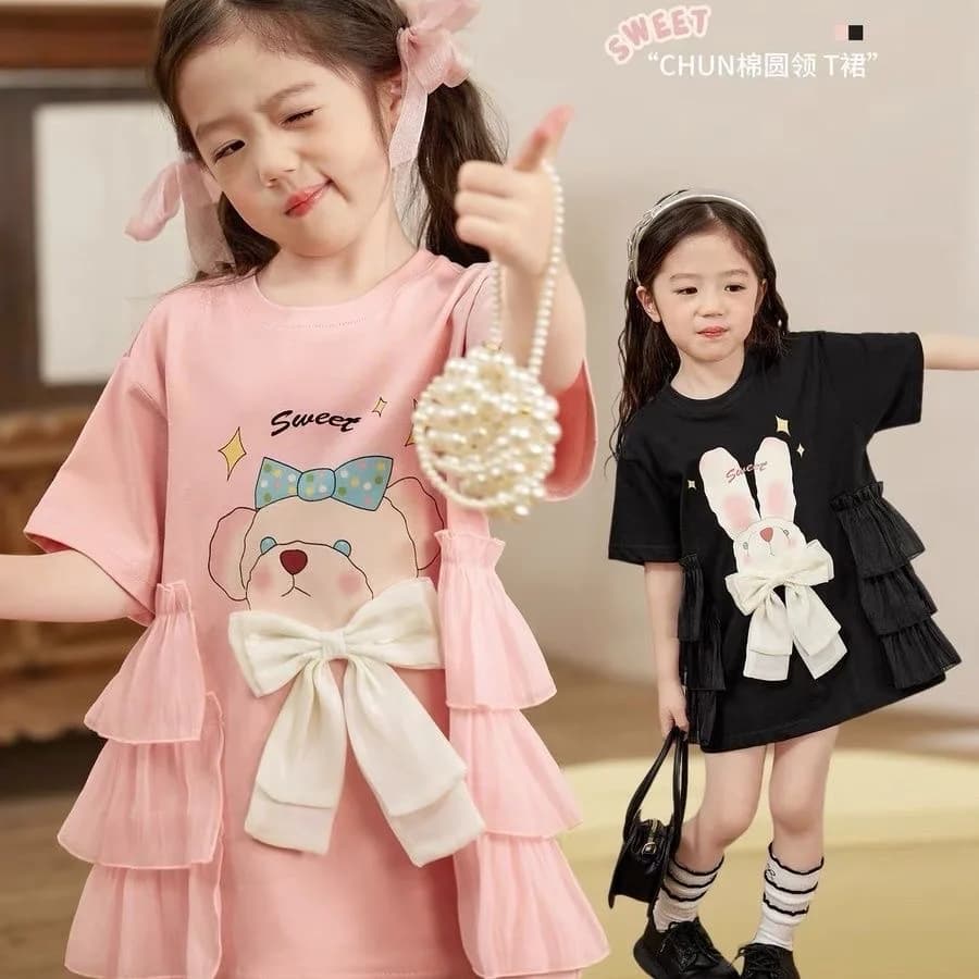 1 Pezzo Vestito Estivo a Maniche Corte per Bambina, Gonna Casual con Grande Fiocco, Abbigliamento alla Moda per Bambine con Stampa Orsetto