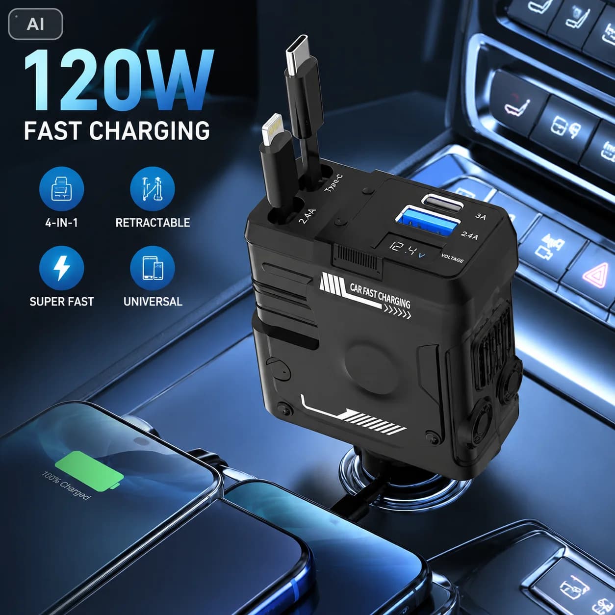 Car charger super fast charging two retractable cable car cigarette lighter PD QC3.0 USB C converter for Apple 17 Huawei Samsung