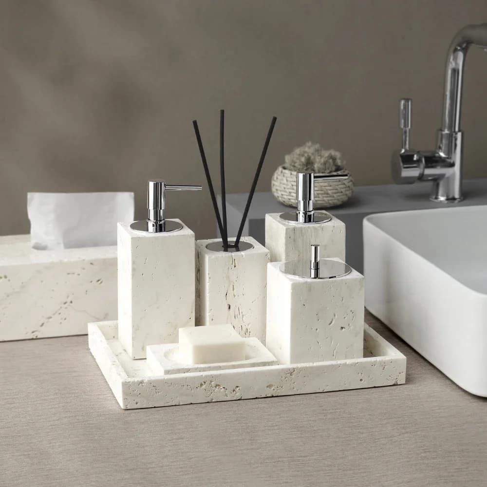 Set da bagno in travertino beige Ture Dispenser di sapone in pietra di marmo naturale Porta spazzolino Vassoio Scatola per fazzoletti Accessori da bagno