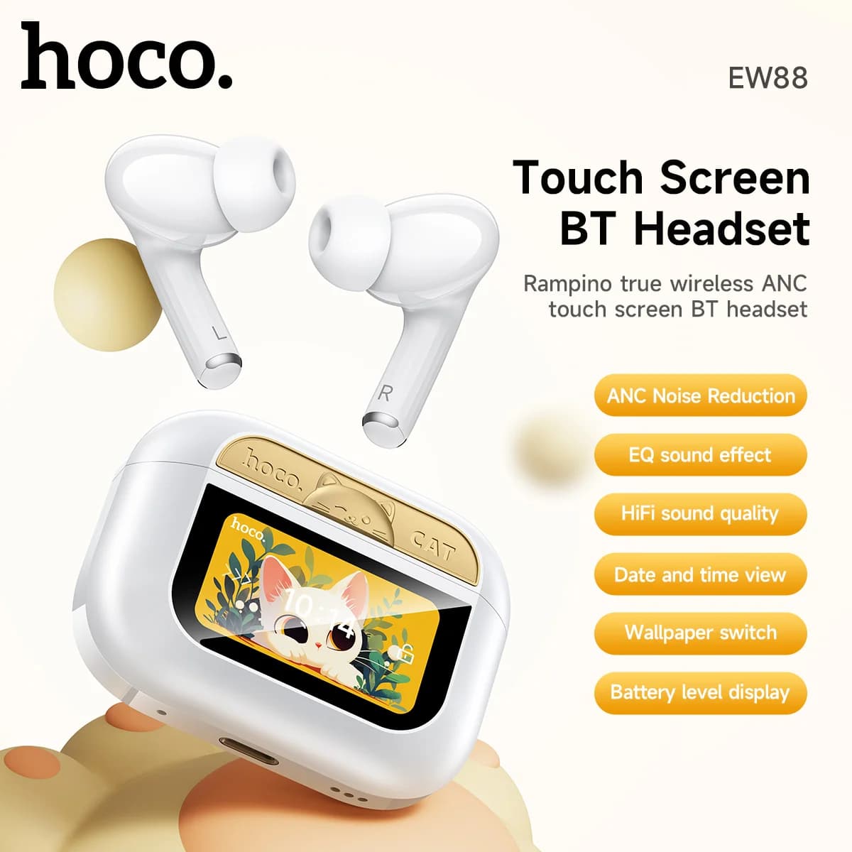 HOCO EW88 ANC Cuffie Bluetooth con riduzione del rumore con touch screen Auricolari wireless Scatola di ricarica TWS Auricolari per cuffie Ourdoor