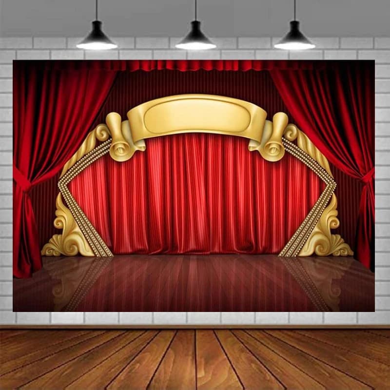 Photography Backdkrop Theater Stage Red Carpet Party Golden Curtain Wooden Floor Background Wedding Birthday Baby Shower Props