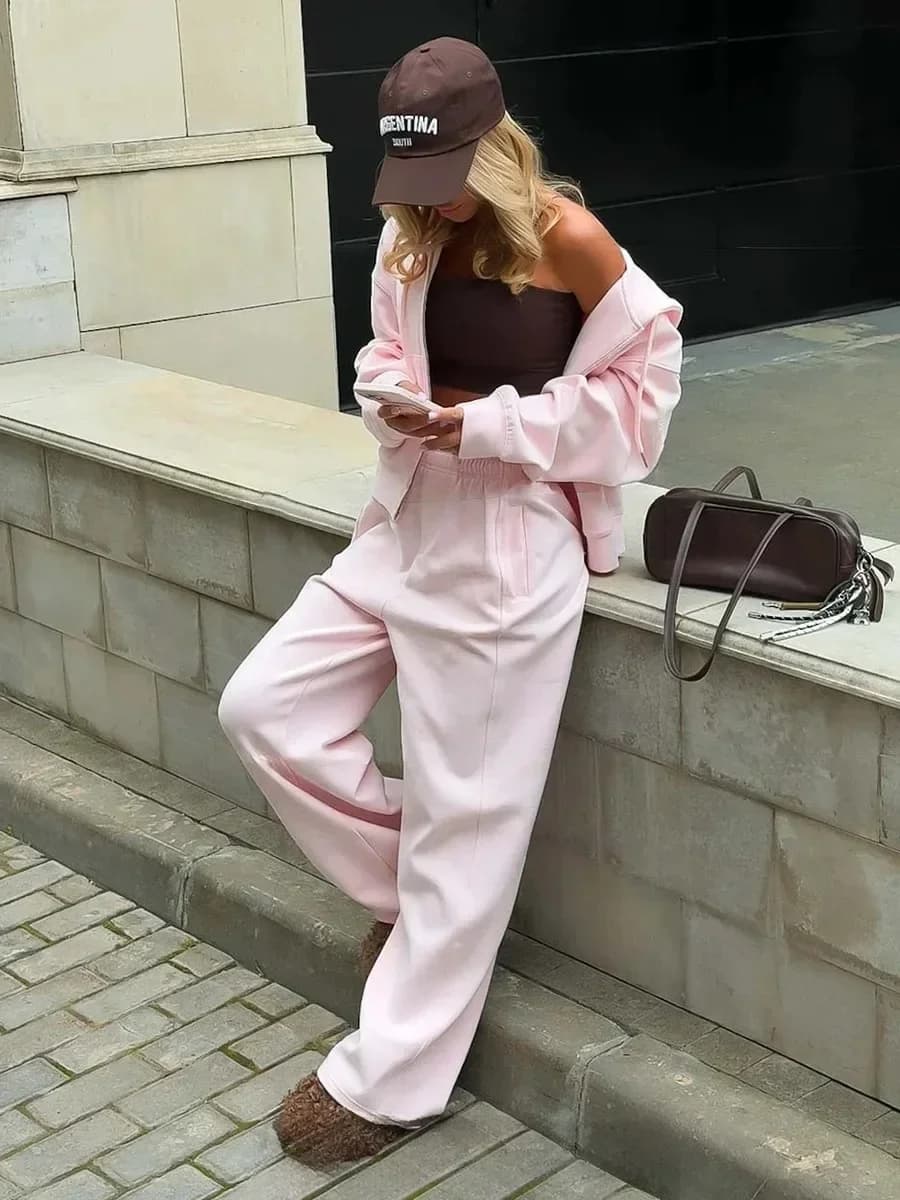 Blubelle Autunno Inverno Nuova cerniera Cardigan Felpa Pantaloni lunghi Set Felpa da donna Pantaloni a gamba larga Set con cappuccio