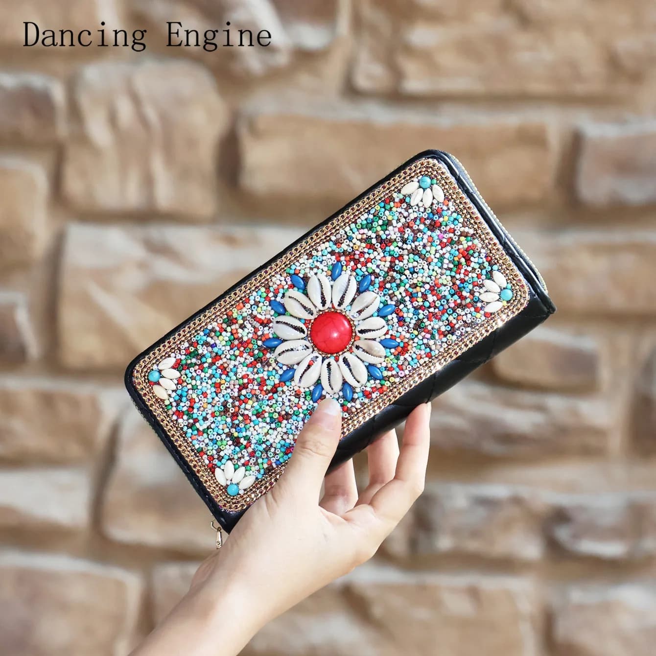 Ethnic Handmade Candy Color Seed Bead Flower Long Purse Women's Rhinestone Zipper Travel Clutch Bag