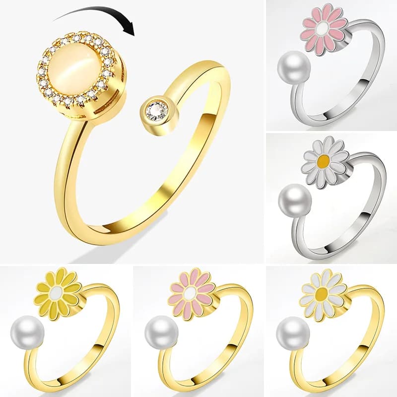 SMJEL Anello margherita Fidget Bague Anello rotante antistress Ansia Fiore Tendenza Perla Gioielli rotanti per le donne Regalo del partito
